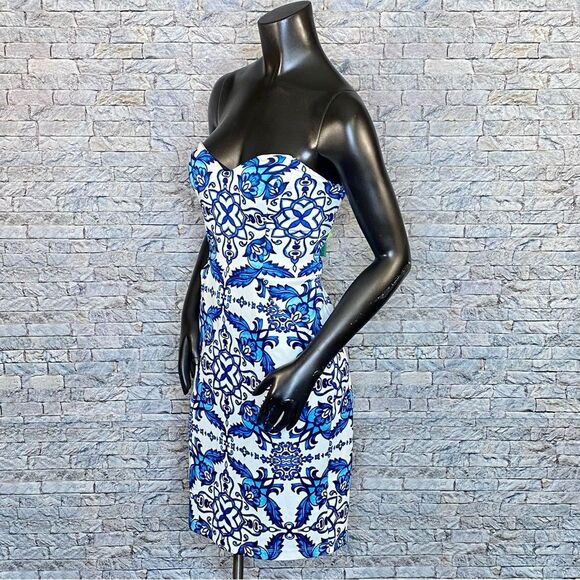 B Darlin Strapless Mini Dress Abstract Print Tropical Pockets Juniors Size 13-14 - Picture 4 of 7